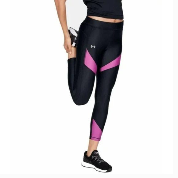 Under Armour Women's Heatgear Black/Optic Purple Color Block Ankle Crop Leggings - Picture 2 of 7